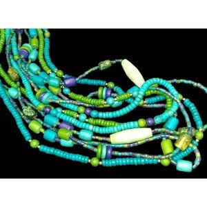 Woman's Wooden Beaded Multi Layer Necklace w/ Lava Stone Accents